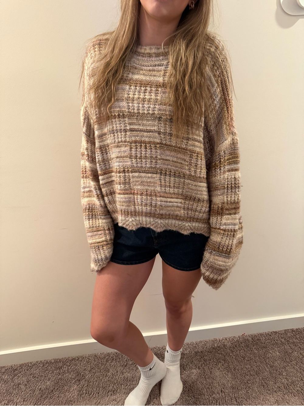 Altar'd State Cream & Brown Striped Knit Crewneck Sweater